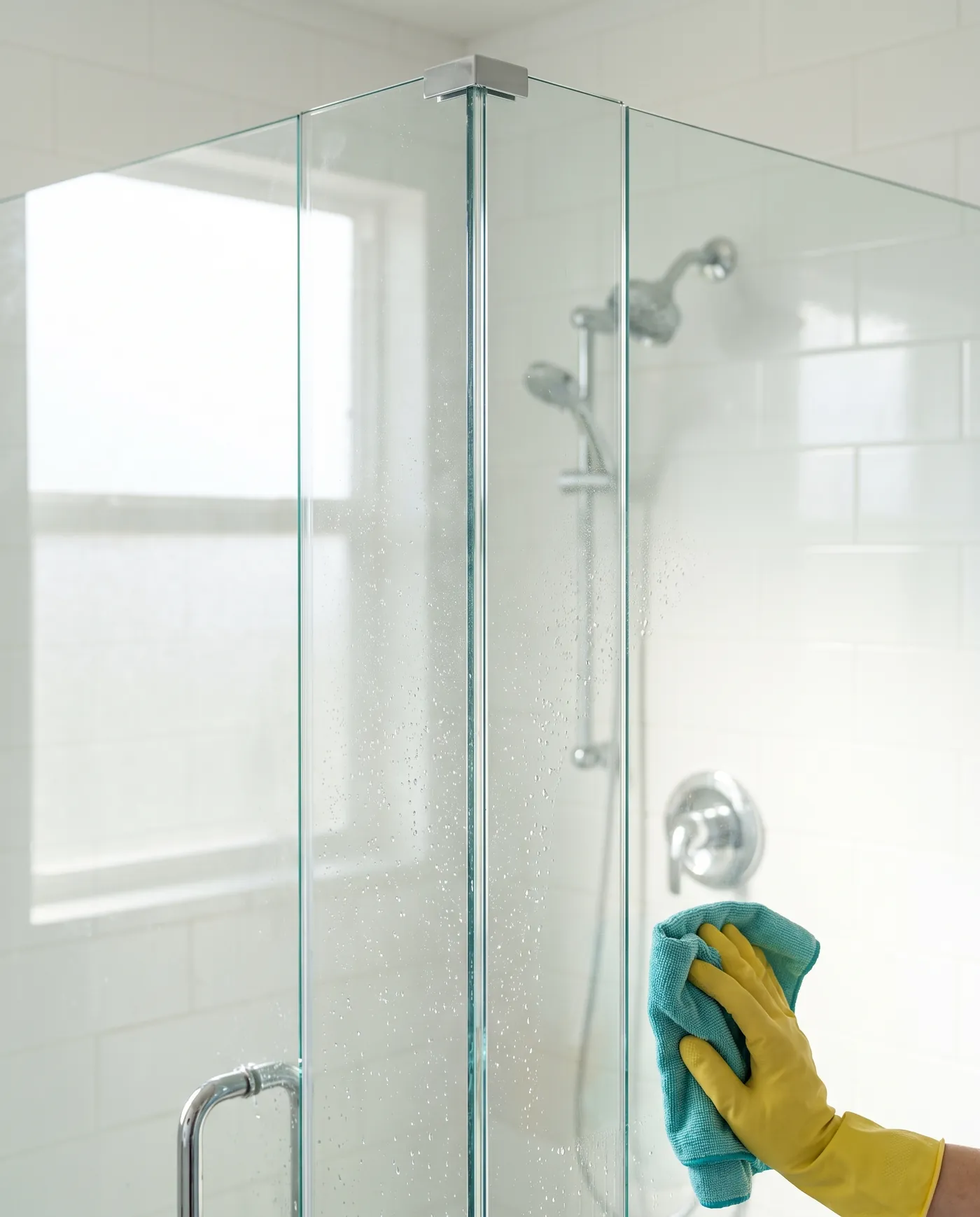 A gloved hand polishing a sparkling glass shower screen