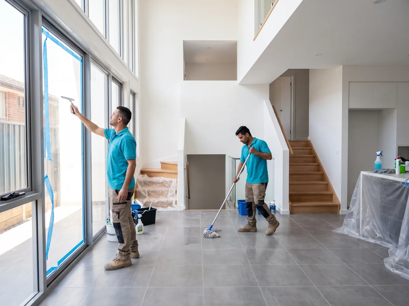 Two cleaners in turquoise polos doing a builders clean in a new townhouse
