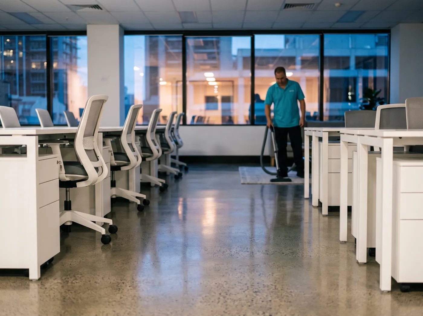 A cleaner in a turquoise polo vacuuming a tidy open-plan office at dusk
